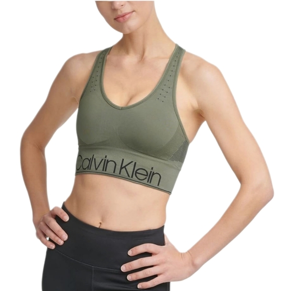 Calvin Klein Performance Women's Mid-Impact Sports Bra Green/Black X-Small - Picture 2 of 3